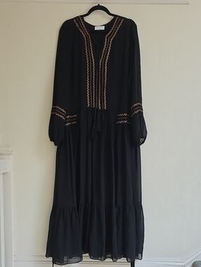 Elvi Black Maxi Dress with Metallic Embroidered Trim